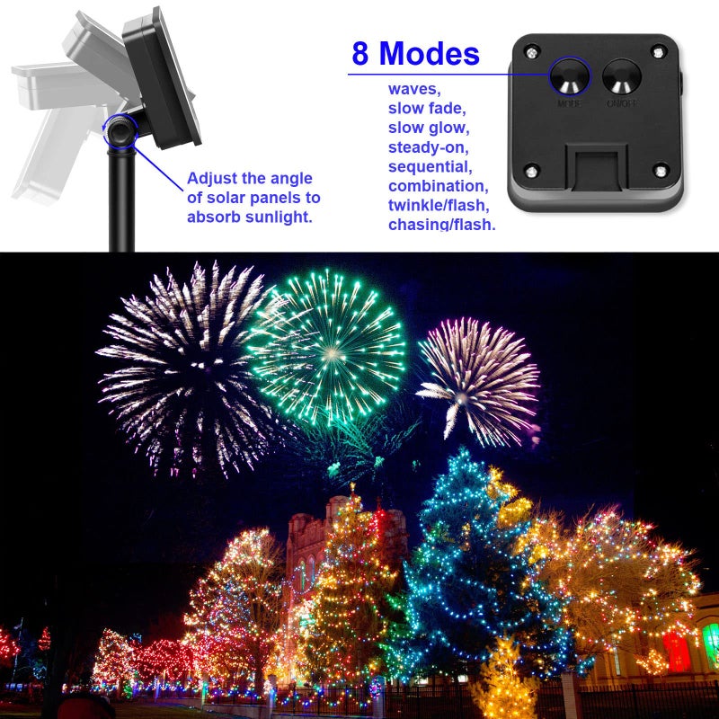 YAOZHOU Solar Christmas String Lights Multicolor Outdoor Waterproof 100 LEDï¼ˆ2 Packï¼‰ 8 Modes Copper String Lights Fairy Lights for Valentine's Day Garden, Patio, Fence, Balcony, Outdoors(Multicolor 2pcsï¼‰ - Image 4